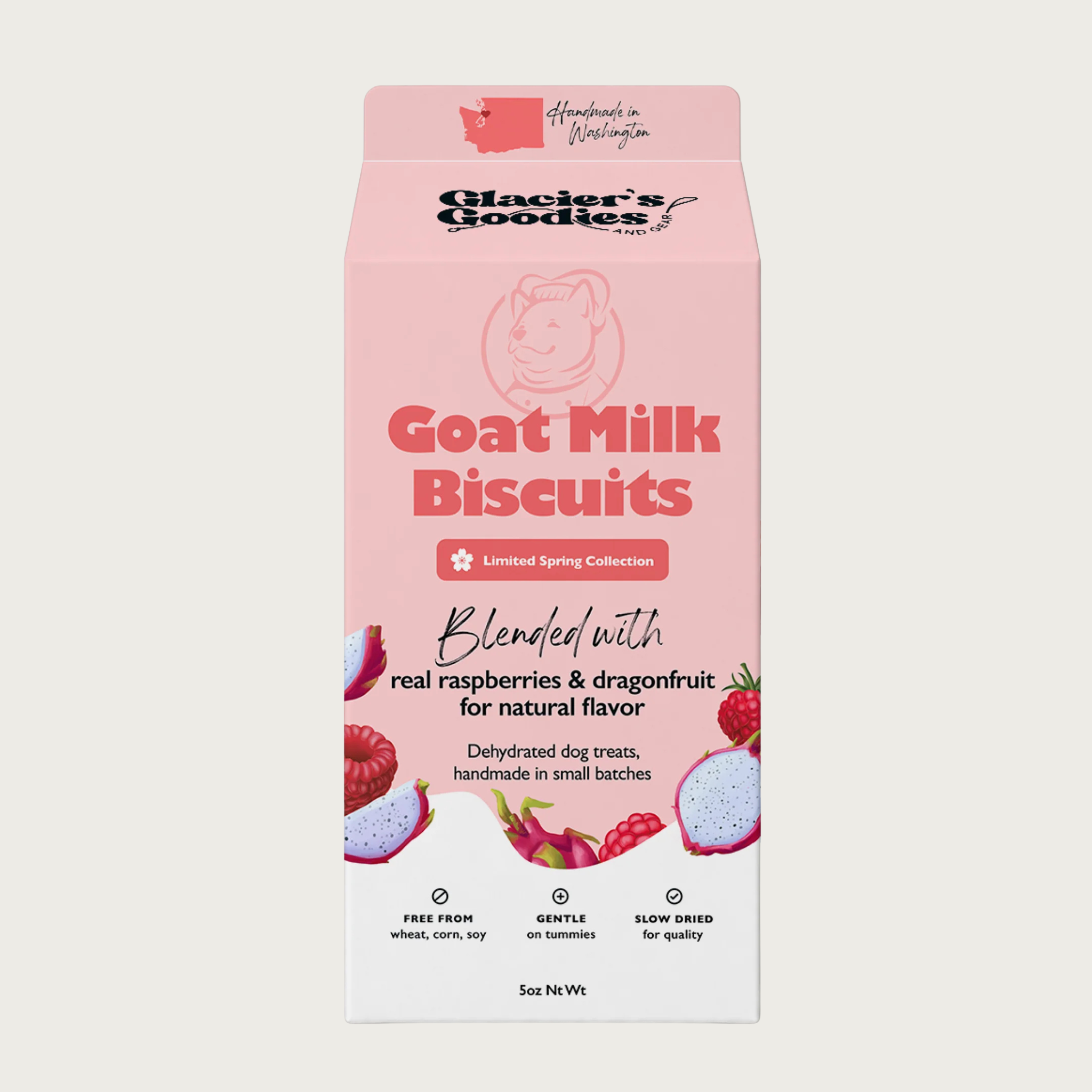 Carton of Glacier's Goodies Goat Milk Biscuits blended with real raspberries and dragonfruit for natural flavor. Dehydrated dog treats, handmade in small batches. Handmade in Washington. 5 oz net wt.