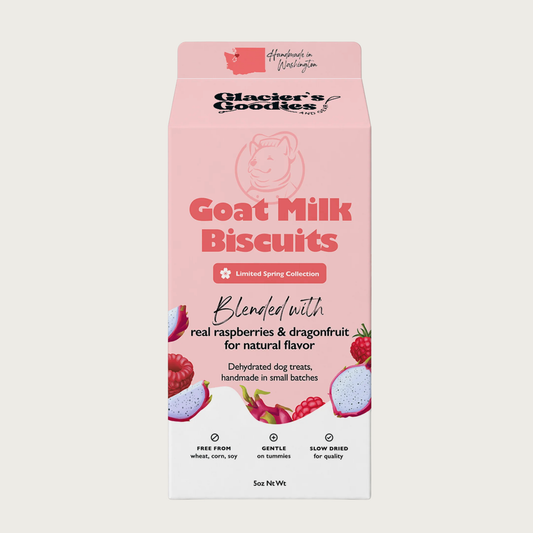 Carton of Glacier's Goodies Goat Milk Biscuits blended with real raspberries and dragonfruit for natural flavor. Dehydrated dog treats, handmade in small batches. Handmade in Washington. 5 oz net wt.