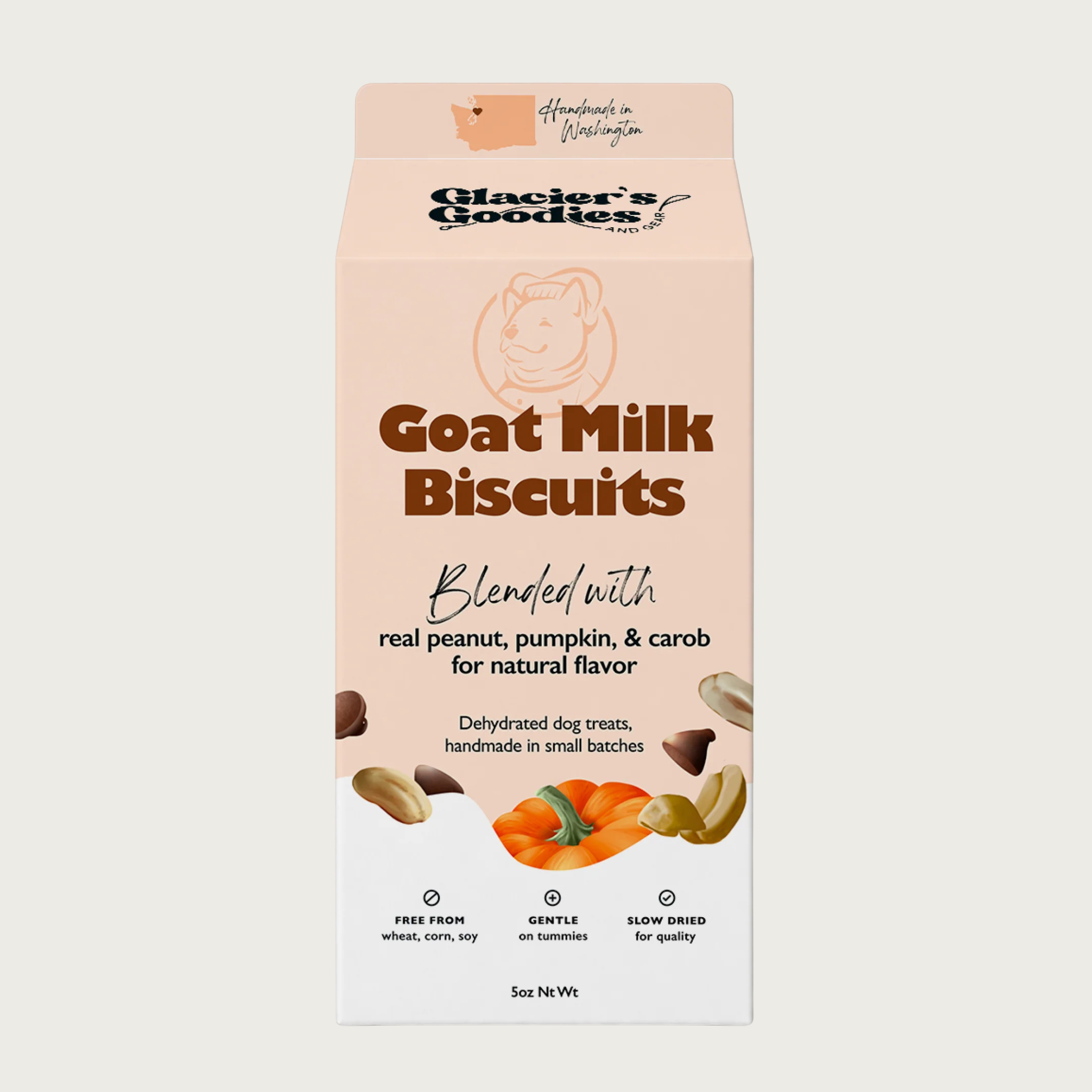 Carton of Glacier's Goodies Goat Milk Biscuits blended with real peanut, pumpkin, & carob for natural flavor. Dehydrated dog treats, handmade in small batches. Handmade in Washington. 5 oz net wt.