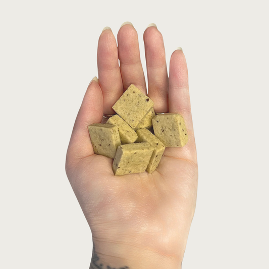 Hand holding small square peanut & banana Goat Milk Biscuit dog treats.
