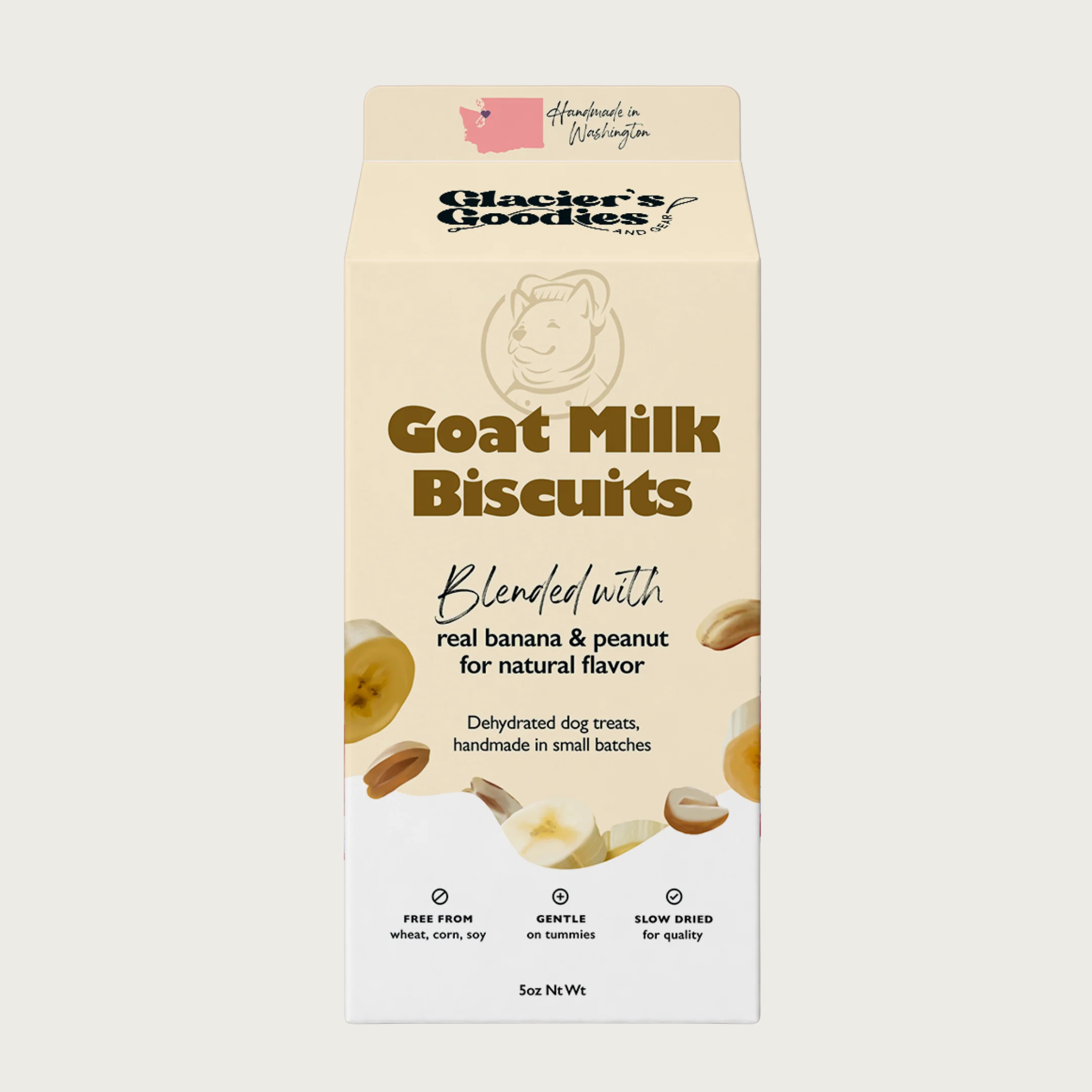 Carton of Glacier's Goodies Goat Milk Biscuits blended with real banana & peanut for natural flavor. Dehydrated dog treats, handmade in small batches. Handmade in Washington. 5 oz net wt.
