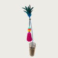Load image into Gallery viewer, A single Bun Bun & Kitty Wand toy, clearly showing its blue & white striped plastic wand, deep blue & green feathers on the end, with the multicolored pom pom tassel beneath it.
