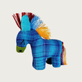 Load image into Gallery viewer, Dandi Donki woven fabric donkey cat toy in bright blue with a vibrant multicolor mohawk-style mane and tail, and a green nose and embroidered eyes.
