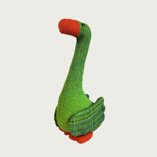 Silli Goose cat toy in green with orange beak and feet.
