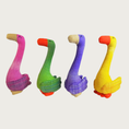 Load image into Gallery viewer, Four colorful cotton, long-necked goose shaped cat toys lined up in a row. Each one is a different bright color: hot pink, green, purple, and bright yellow, with orange or tan beaks and feet.
