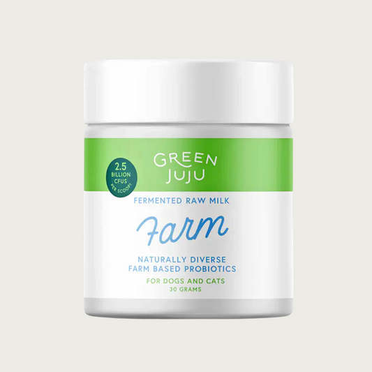 White plastic container of Green Juju Fermented Raw Milk "Farm", naturally diverse farm based probiotics for dogs and cats. 30 grams. 2.5 billion CFUS per scoop.