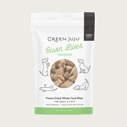 Green Juju Bison Liver Trainers freeze dried whole food bites for dogs and cats. Single ingredient treat that is free of grain, gluten and fillers.