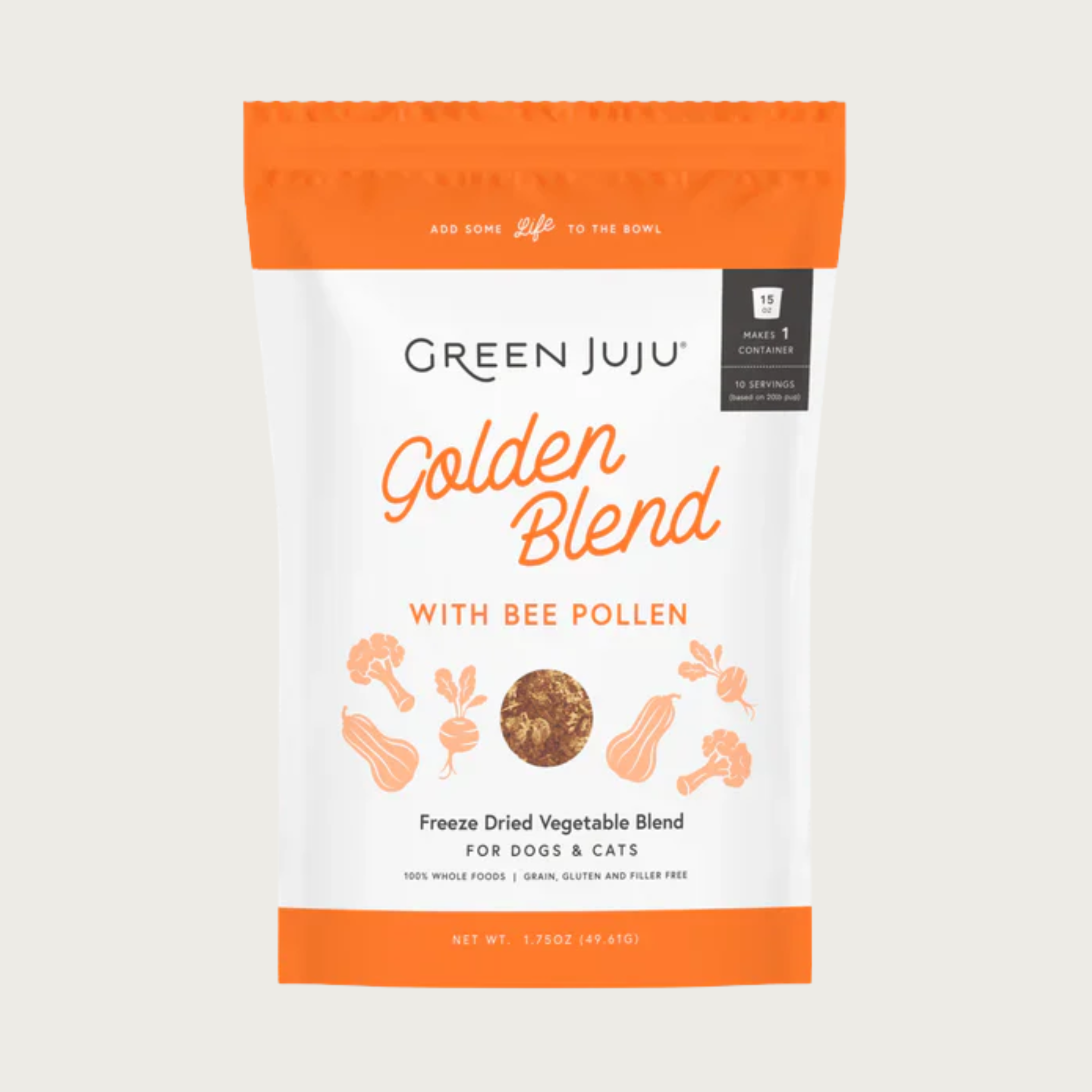Green Juju Golden Blend with Bee Pollen, in a white bag with orange bars on top and bottom. Freeze Dried Vegetable Blend. 100% whole foods. Grain, gluten & filler free.