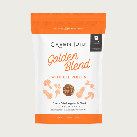 Green Juju Golden Blend with Bee Pollen, in a white bag with orange bars on top and bottom. Freeze Dried Vegetable Blend. 100% whole foods. Grain, gluten & filler free.