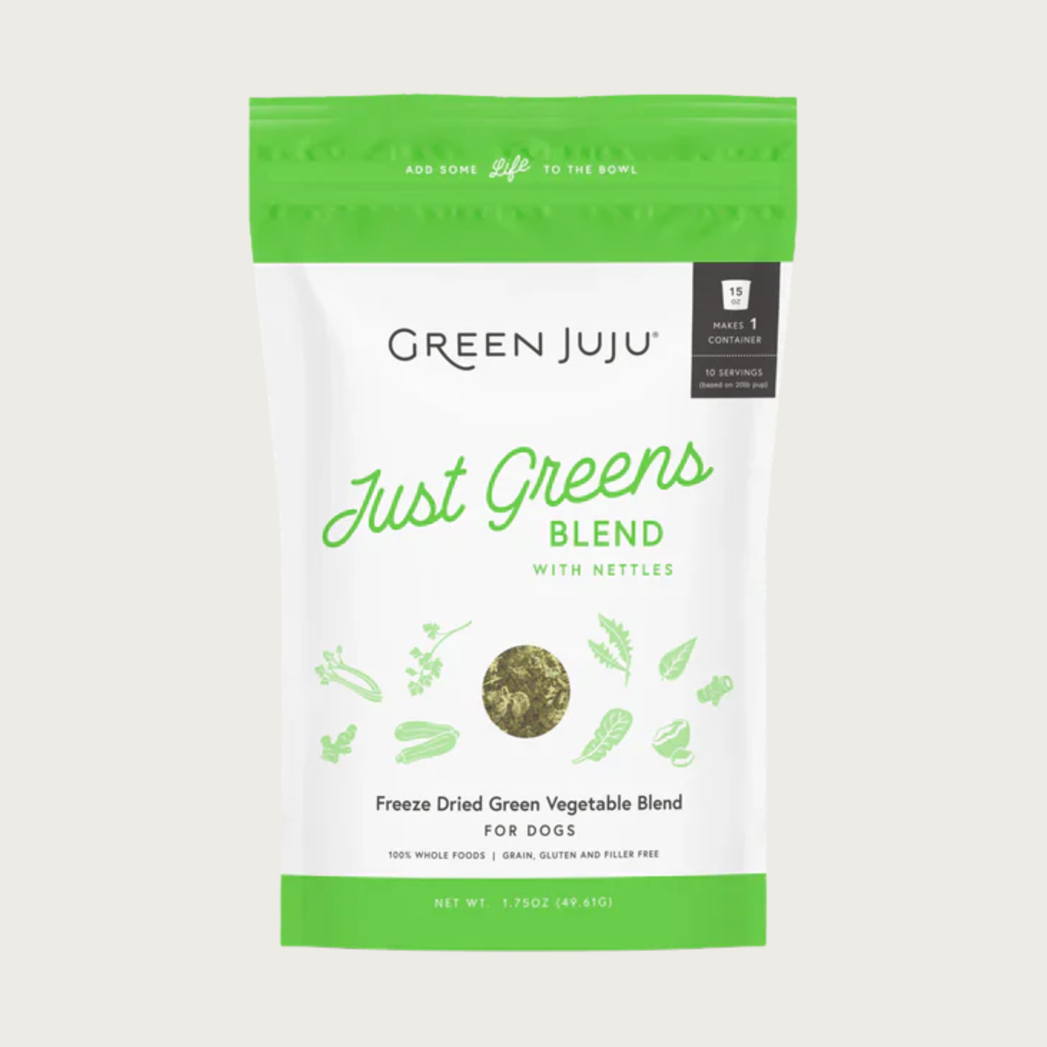 Green Juju Just Greens Blend with Nettles, in a white bag with bright green bars on top and bottom. Freeze Dried Green Vegetable Blend. 100% whole foods. Grain, gluten & filler free.