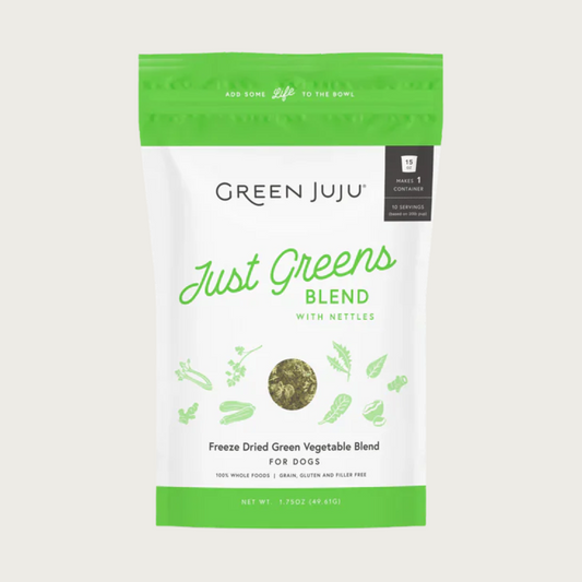 Green Juju Just Greens Blend with Nettles, in a white bag with bright green bars on top and bottom. Freeze Dried Green Vegetable Blend. 100% whole foods. Grain, gluten & filler free.