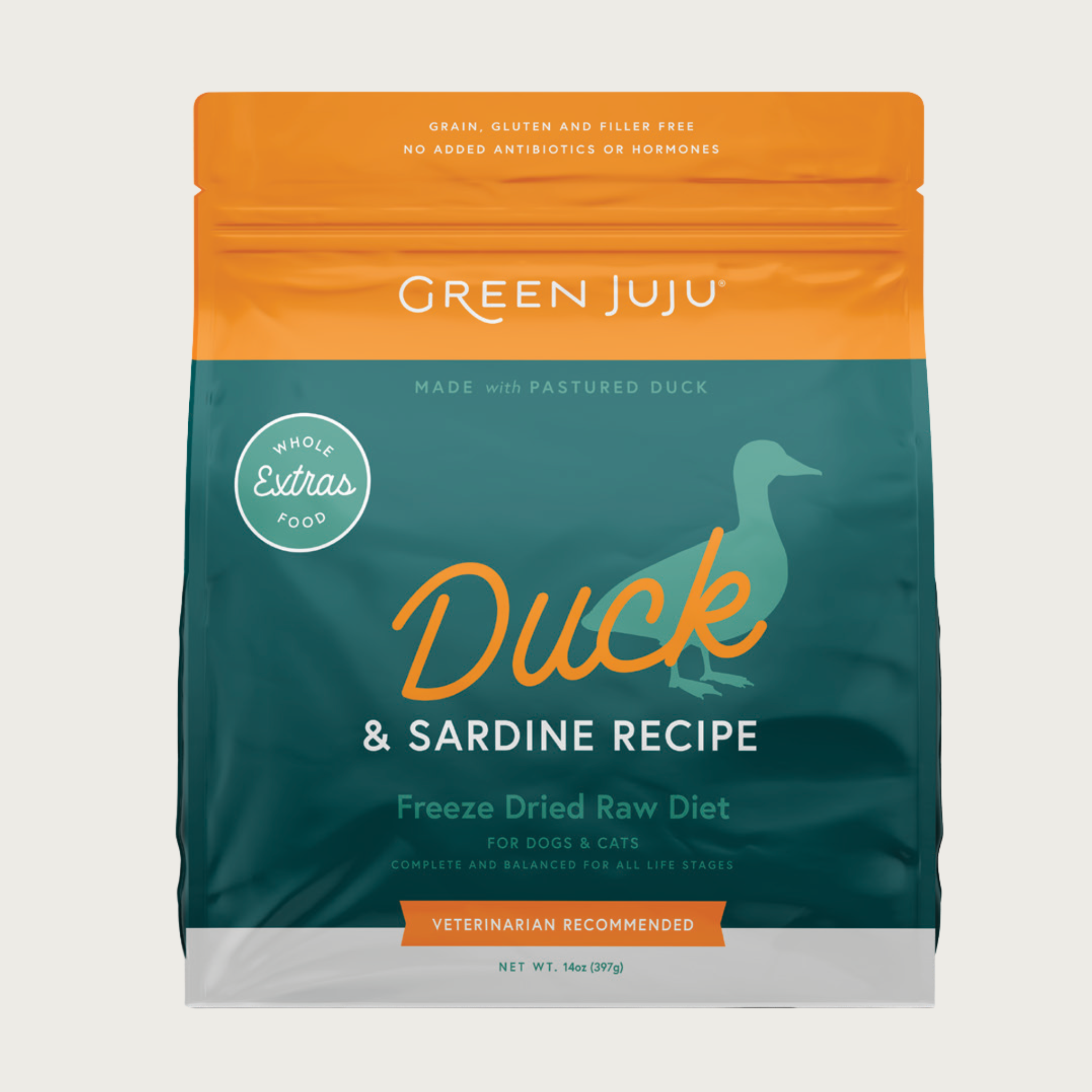 Green Juju duck and sardine recipe, whole food extras pet food bag. Freeze dried raw diet for dogs and cats. Complete and balanced for all life stages. Veterinarian recommended. Net Wt. 14oz.