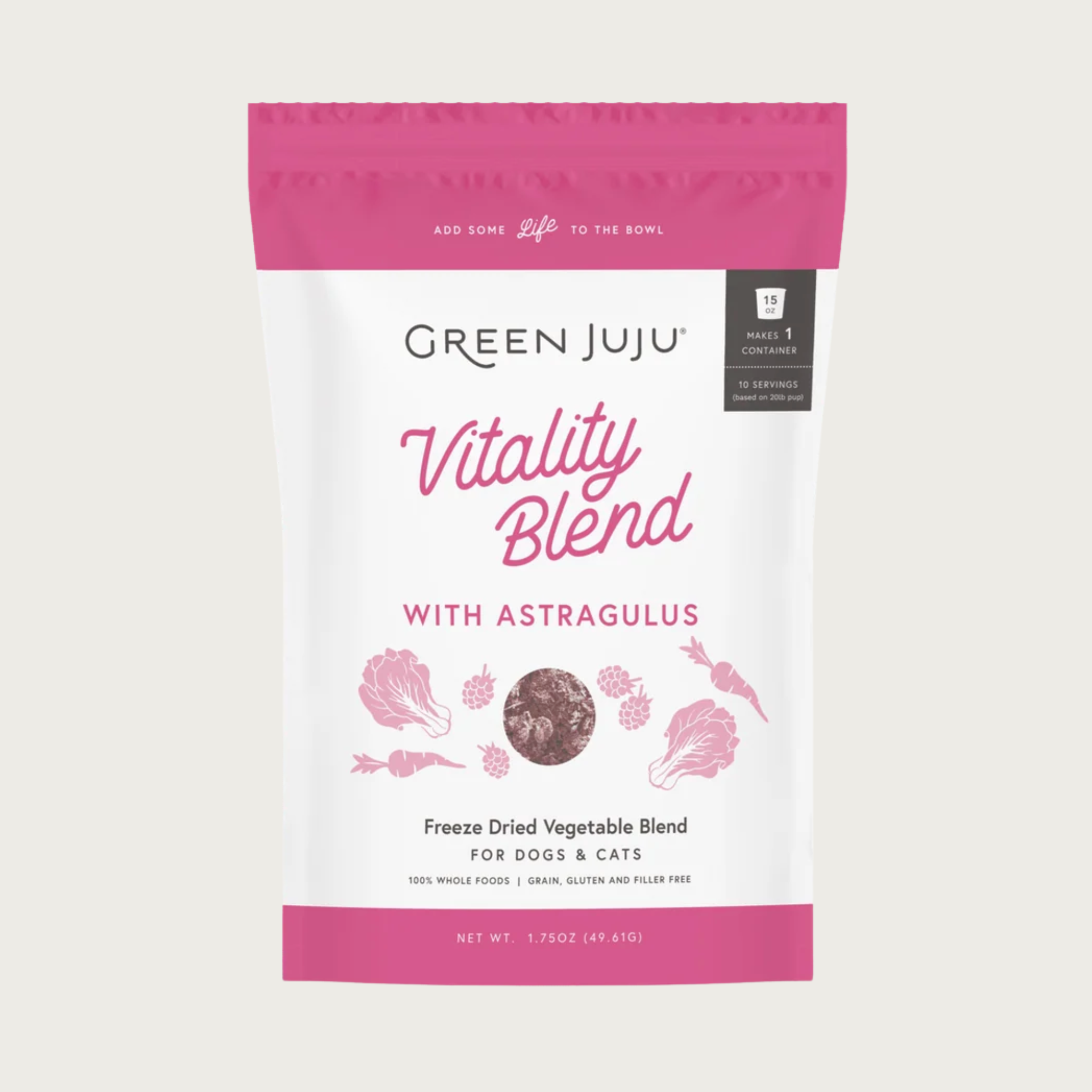 Green Juju Vitality Blend with Astragulus, in a white bag with mauve bars on top and bottom. Freeze Dried Vegetable Blend. 100% whole foods. Grain, gluten & filler free.