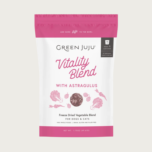 Green Juju Vitality Blend with Astragulus, in a white bag with mauve bars on top and bottom. Freeze Dried Vegetable Blend. 100% whole foods. Grain, gluten & filler free.