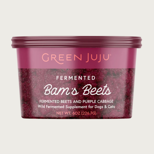 Burgundy colored plastic tub of Green Juju Fermented Bam's Beets fermented beets and purple cabbage. Wild fermented supplement for dogs & cats. Net Wt. 6 oz.