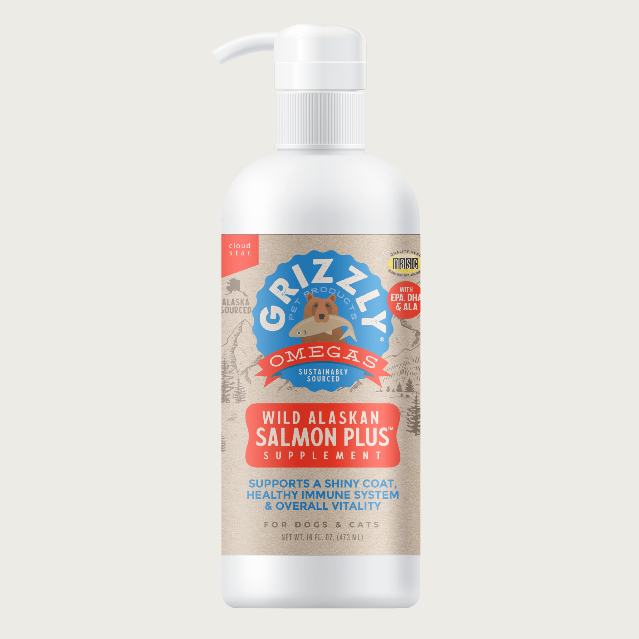 Grizzly Wild Alaskan Salmon Plus Supplement bottle with pump. Net Wt. 16 FL oz.