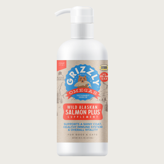 Grizzly Wild Alaskan Salmon Plus Supplement bottle with pump. Net Wt. 16 FL oz.