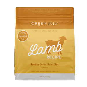 Green Juju Lamb Recipe Freeze-Dried Raw Dog Food in 14 ounce bag.
