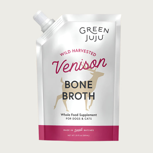 Green Juju grass-fed Venison Bone Broth whole food supplement for dogs and cats in a 20 ounce pouch. Made in small batches.