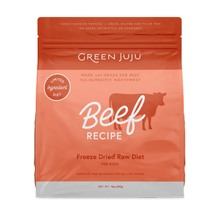Green Juju Beef Recipe Freeze-Dried Raw Dog Food in 14 ounce bag.