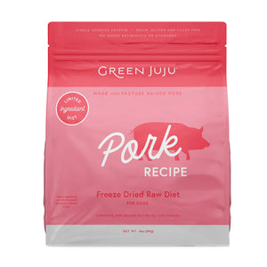 Green Juju Pork Recipe Freeze-Dried Raw Dog Food in 14 ounce bag.