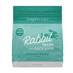 Green Juju Rabbit Recipe with Duck Liver Freeze-Dried Raw Dog Food in 14 ounce bag.