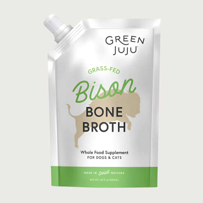 Green Juju grass-fed Bison Bone Broth whole food supplement for dogs and cats in a 20 ounce pouch. Made in small batches.