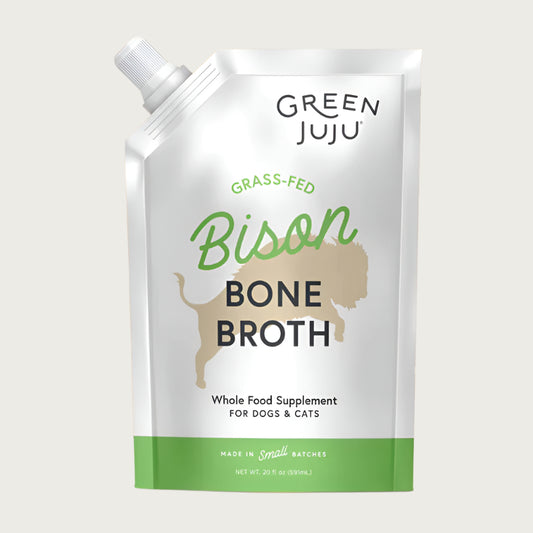Green Juju grass-fed Bison Bone Broth whole food supplement for dogs and cats in a 20 ounce pouch. Made in small batches.