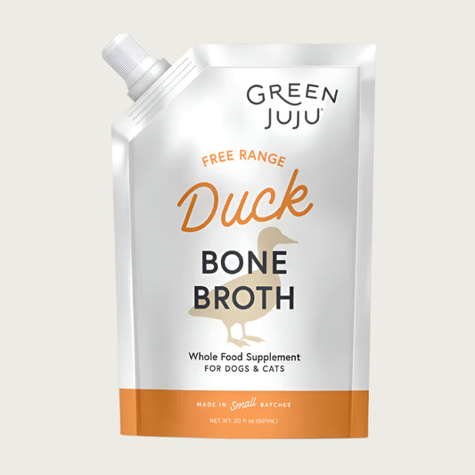 Green Juju grass-fed Duck Bone Broth whole food supplement for dogs and cats in a 20 ounce pouch. Made in small batches.