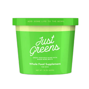 Green Juju Just Greens frozen green vegetable blend with bison bone broth, whole food supplement for dogs in a 15 ounce carton.