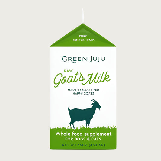 Green Juju frozen Raw Goat's Milk from grass-fed goats, whole food supplement for dogs and cats in a 16 ounce carton.
