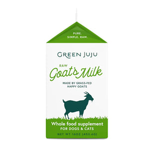 Green Juju frozen Raw Goat's Milk from grass-fed goats, whole food supplement for dogs and cats in a 16 ounce carton.