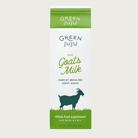Green Juju frozen Raw Goat's Milk from grass-fed goats, whole food supplement for dogs and cats in a 32 ounce carton.