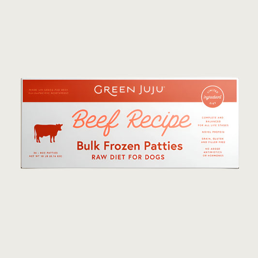 Green Juju beef recipe bulk raw frozen dog food patties in an 18 pound box.