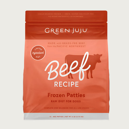 Green Juju beef recipe raw frozen dog food patties in a 6 pound bag.