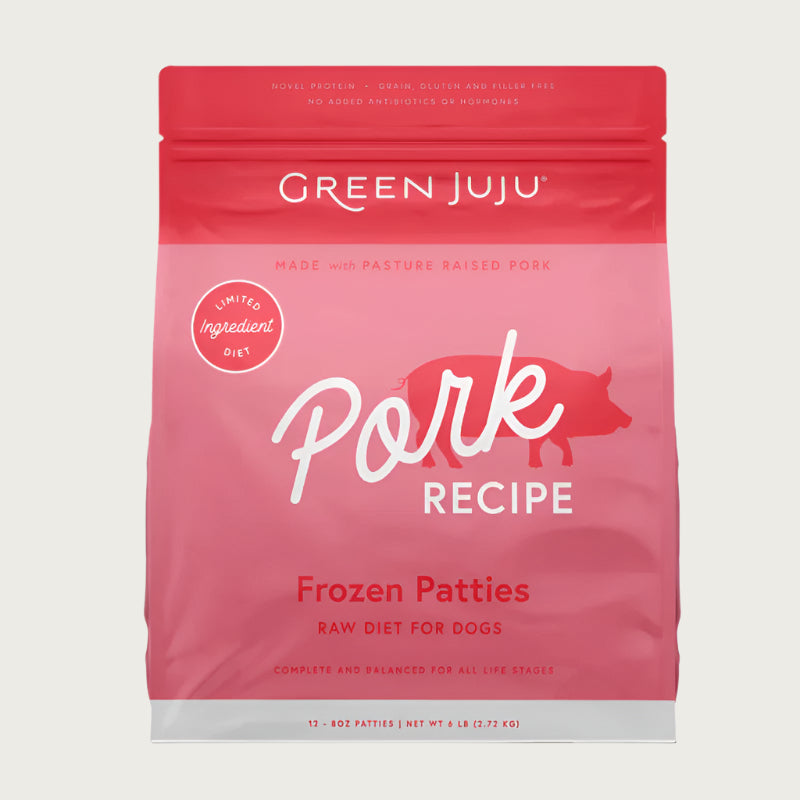 Green Juju pork recipe raw frozen dog food patties in a 6 pound bag.