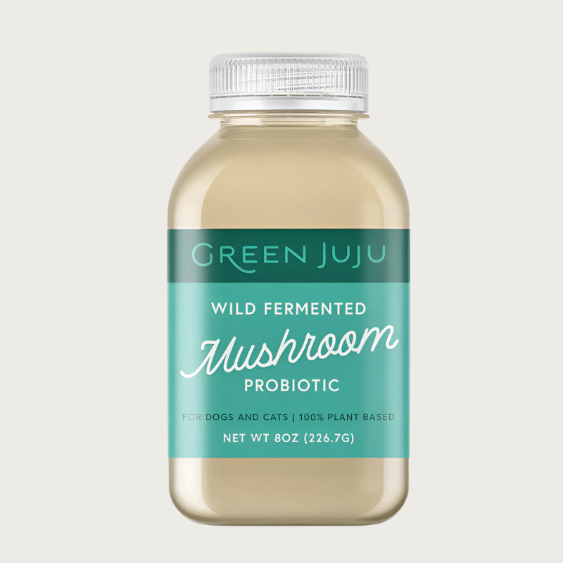 Green Juju liquid mushroom probiotic for dogs and cats, in an 8 ounce bottle. 100% plant based and made with wild-fermented mushrooms.
