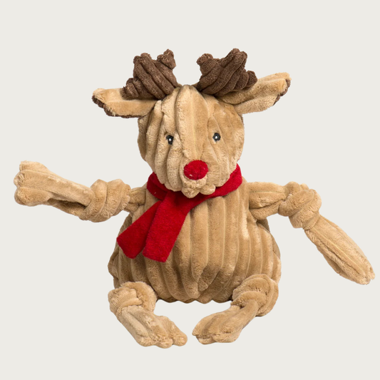 Plush reindeer dog toy with beige corduroy body, brown antlers, red nose and a red scarf. Size Large.