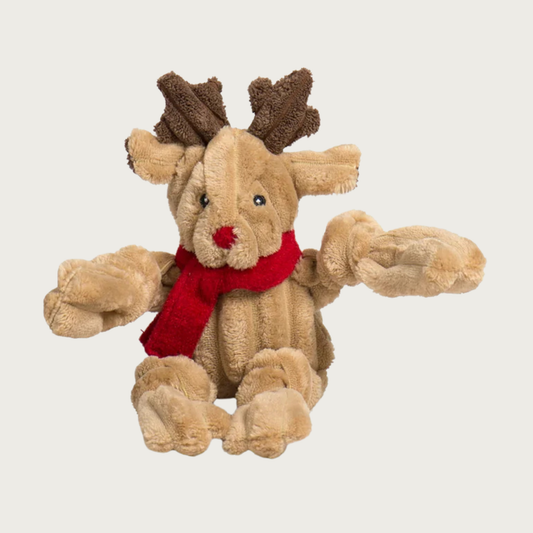 Plush reindeer dog toy with beige corduroy body, brown antlers, red nose and a red scarf. Size Small. 