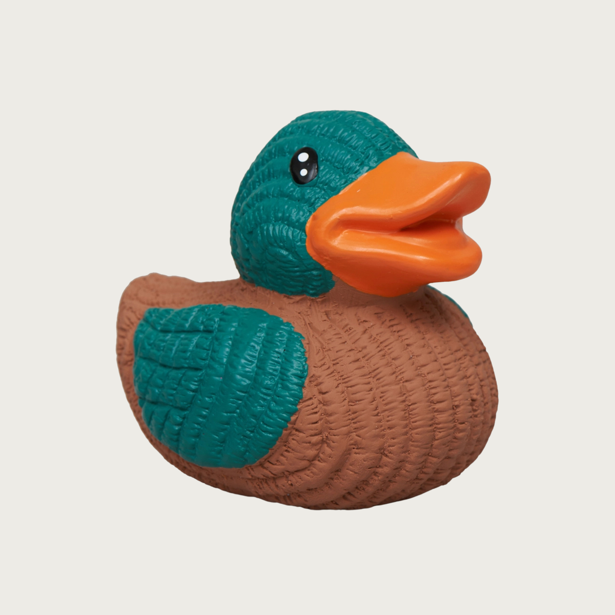 Large, latex dog toy that looks like a decoy duck. It has a textured brown body, teal head & wings, black eyes, and orange bill.