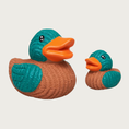 Load image into Gallery viewer, Both sizes of the Duckie McBeak dog toys, side by side to show their size difference.
