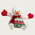 Load image into Gallery viewer, Plush snowman dog toy with a red, green & cream Nordic style body, red scarf, and red mittens. Its head and limbs are cream corduroy. It has black embroidered eyes & a smile (to look like coal pieces) and an orange corduroy carrot nose.
