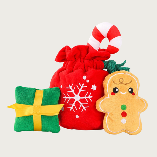 Christmas-themed plush dog toy set. Red drawstring bag with white snowflake design is large enough to hold all the toys. The three mini toys are: green present with yellow ribbon, red & white candy cane, and gingerbread man with embroidered details.