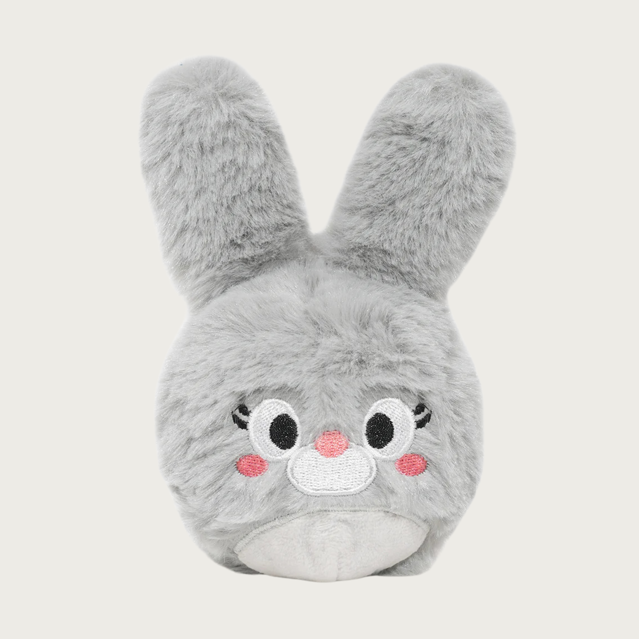Round, gray plush dog toy with bunny ears and cute embroidered facial expression.