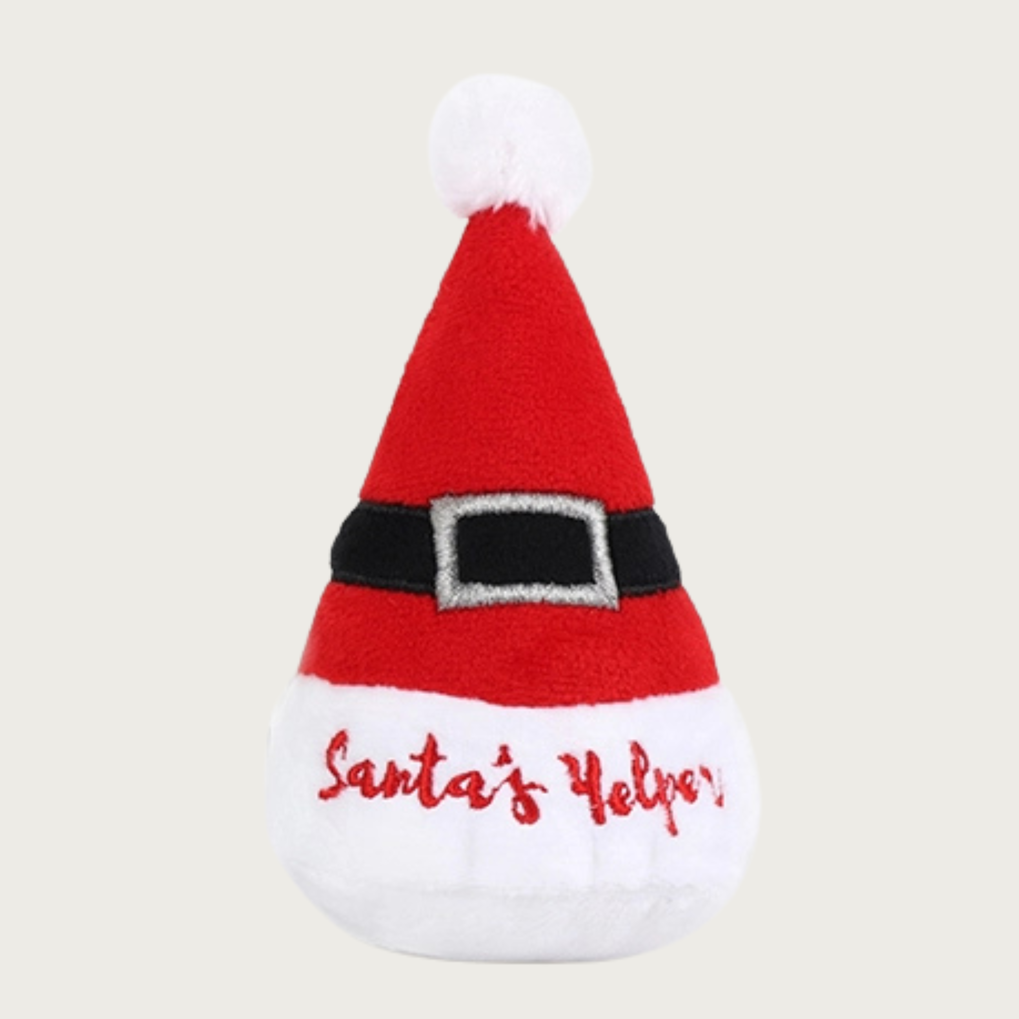 Plush red & white Santa hat dog toy with embroidered black belt detail, and red script text on the white trim that reads "Santa's Yelper".