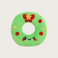 Load image into Gallery viewer, Bright green wreath plush dog toy with embroidered red bow & gold star on top with red & gold "ornaments" and a cute, winking facial expression.

