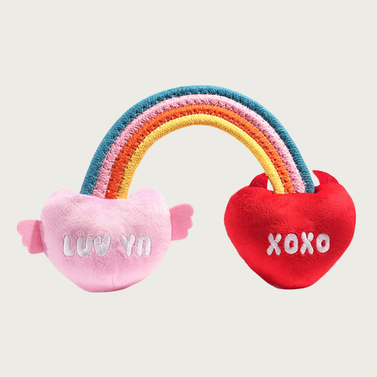 Back view of the Rainbow Heart toy. Backside of the the pink heart has "Luv Ya" text and the back of the red heart has "xoxo" text.