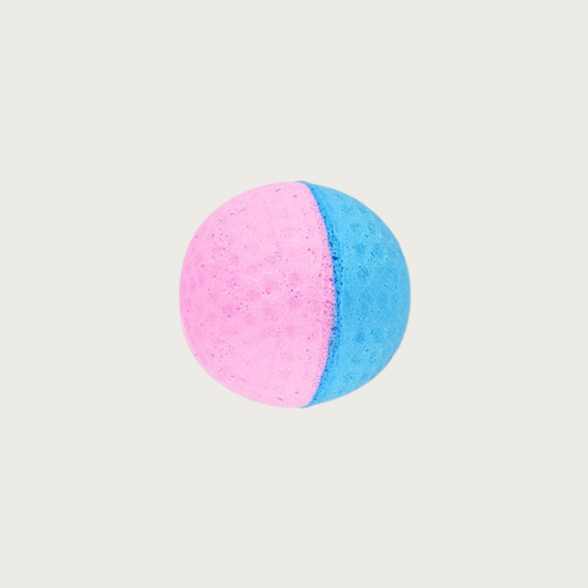 Simple foam ball cat toy. 1/2 is hot pink, and 1/2 is bright blue.