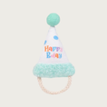 Load image into Gallery viewer, Plush party hat cat toy with seafoam green pom pom and trim, white body with blue polka dots and "Happy Bday" in multicolored type, with a cotton rope "chin strap".
