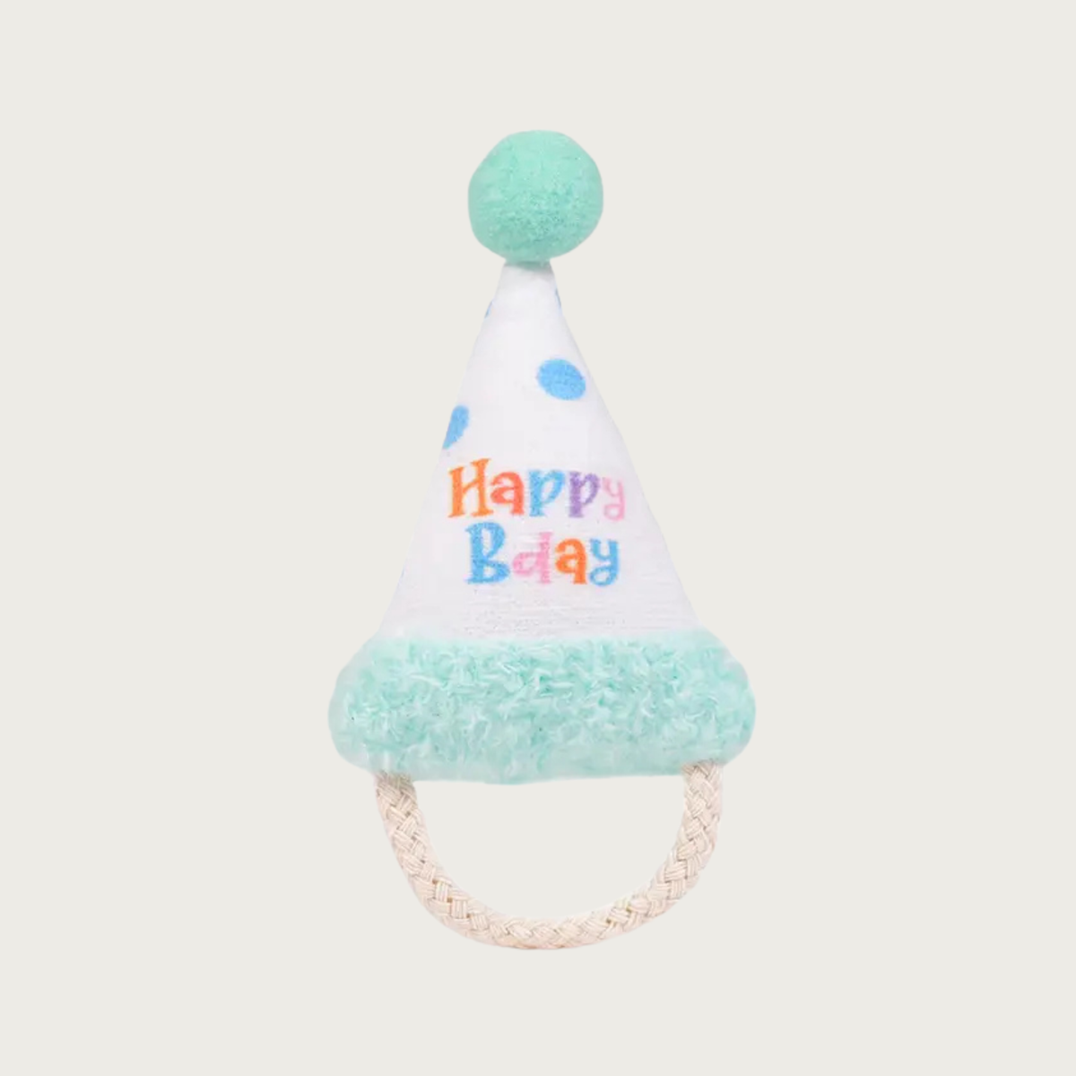 Plush party hat cat toy with seafoam green pom pom and trim, white body with blue polka dots and "Happy Bday" in multicolored type, with a cotton rope "chin strap".